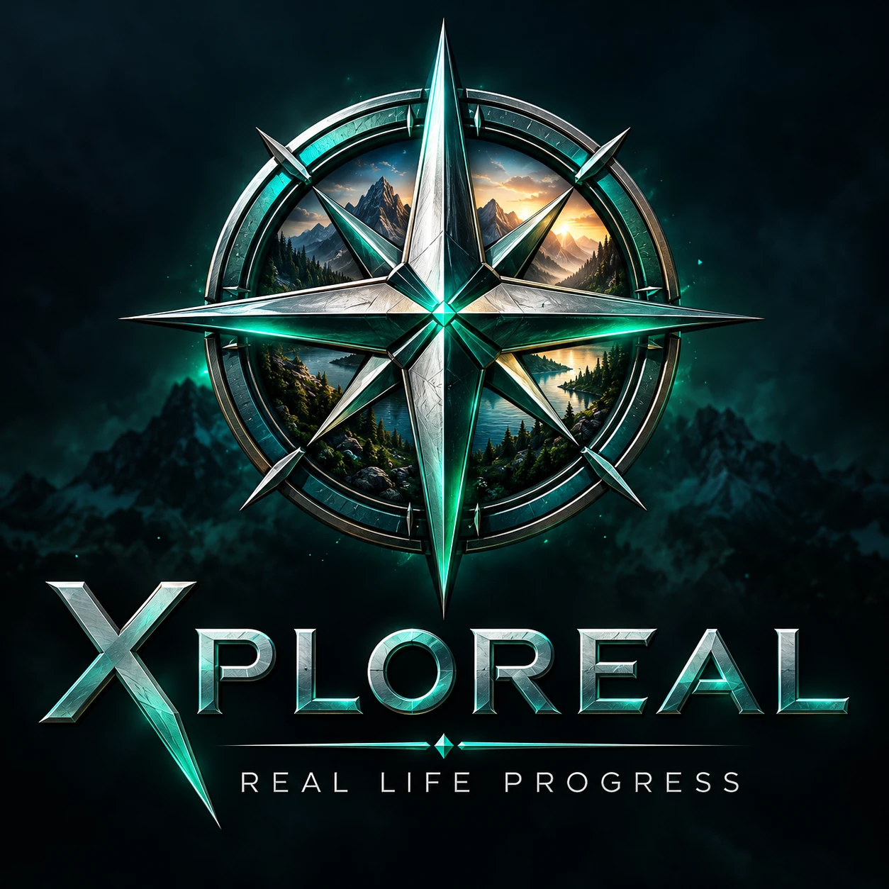 Xploreal logo: a steel and teal compass over mountains, with the words Real Life Progress